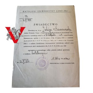 KUL, Katolická univerzita v Lublinu, osvědčení o zkoušce z práva, 1938