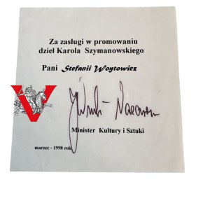 Diploma for Stefania Woytowicz 1998 , autographed by Minister Joanna Wnuk-Nazarova