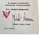 Diploma for Stefania Woytowicz 1998 , autographed by Minister Joanna Wnuk-Nazarova