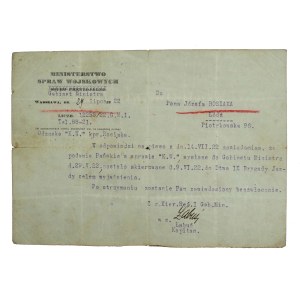 Letter from the Ministry of Military Affairs addressed to Corporal Jozef Rosiak regarding the K.W. badge. Warsaw, 1922 (654)
