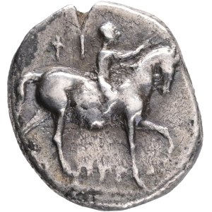 Didrachma Nomos 272-240 BC Tarentum Struck under the magistrates Phi(...) and Zopyros. Rider to the right, in the fields magistrate names. Rev. Dolphin rider to the left, behind bee.HN Italy 1029. Vlasto 856. Silver 6.18 g.
