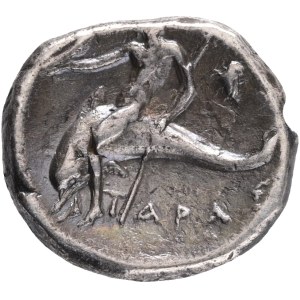 Didrachma Nomos 272-240 BC Tarentum Struck under the magistrates Phi(...) and Zopyros. Rider to the right, in the fields magistrate names. Rev. Dolphin rider to the left, behind bee.HN Italy 1029. Vlasto 856. Silver 6.18 g.
