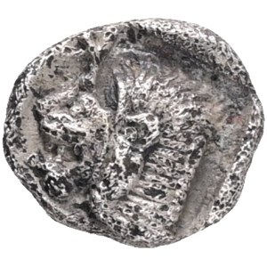 Mysia, Kyzikos, Obol 450-400 BC Obverse: forepart of boar left, tunny to right Reverse: head of lion left, retrograde K aboveDiameter Silver, weight 0.78g
