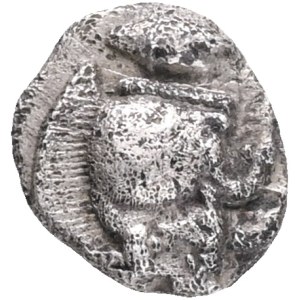 Mysia, Kyzikos, Obol 450-400 BC Obverse: forepart of boar left, tunny to right Reverse: head of lion left, retrograde K aboveDiameter Silver, weight 0.78g