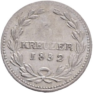 Baden LEOPOLD I. 1830-1852 , 3 Kreuzers 1832 , KM#199, Billon Ag.375 1,03g 14mm