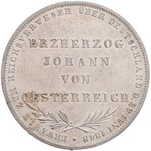 Frankfurt Free City 1372-1866 , 2 Gulden 1848 Archduke John, Thun#135 Ag.900 21,25g 36mm