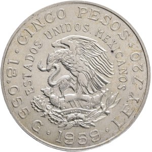 Mexico 5 Pesos 1959 Mo, Centennial of Caranzas Birth, Mexican rep. KM#471 Ag.720 18,15g 36mm , Mexican Mint