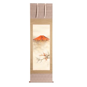 Kakemono with depiction of Red Mount Fuji and flowering plum trees, signed Taizan