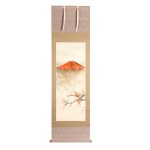 Kakemono with depiction of Red Mount Fuji and flowering plum trees, signed Taizan