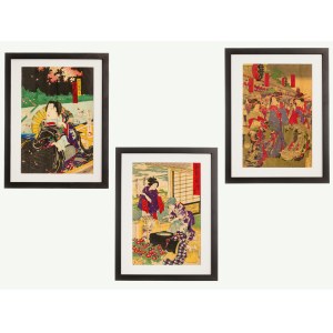 Sceny z życia kobiet epoki Meiji - zestaw trzech drzeworytów ukiyo-e