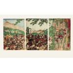 Woodcut triptych "Battle of Echi," Utagawa Yoshikazu, Edo period, 19th century