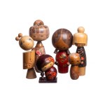 Set of six unique Sōsaku Kokeshi dolls depicting female characters - Shōwa era