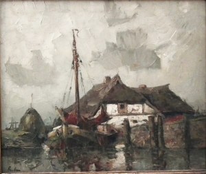 Rudolf Priebe(1889-1956),Łódź rybacka przy brzegu