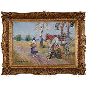 Jerzy KOSSAK (1886-1955), Ułan i dziewczyną - spotkanie przy drodze (1944)