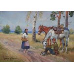 Jerzy KOSSAK (1886-1955), Ułan i dziewczyną - spotkanie przy drodze (1944)