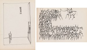 Roman Opałka (1931 Abbeville, Francja - 2011 Rzym), Szkic ilustracji - postać we wnętrzu oraz scena z końmi (praca dwustronna), 1957