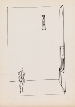 Roman Opałka (1931 Abbeville, Francja - 2011 Rzym), Szkic ilustracji - postać we wnętrzu oraz scena z końmi (praca dwustronna), 1957