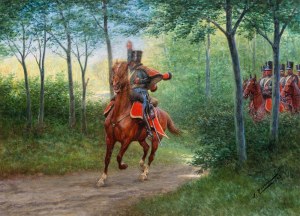 Jan Rosen (1854 Warszawa-1936 tamże), Oddział huzarów napoleońskich, 1923 r.