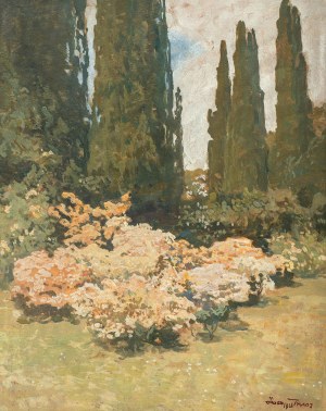 Iwan Trusz (1869 Wysocko - 1940 Lwów), Pejzaż z cyprysami, 1926 r.