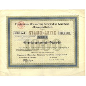 Frankenstein-Münsterberg-Nimptsch'er Kreisbahn, Ząbkowice Śląskie-Ziębice-Niemcza railroad, action for 1000 marks 1910