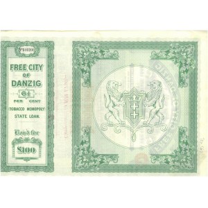 Gdańsk, Free City, Tobacco Monopoly, obligacja na 100 funtów,1927 r.