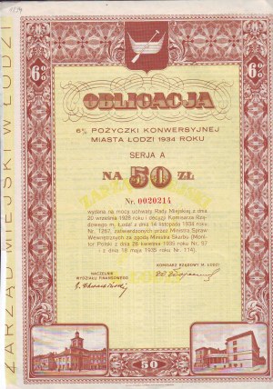 Łódź 6 % Wandeldarlehen der Serie A für 50, Łódź 1934 PLN.