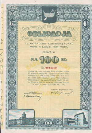 Łódź 6 % Wandeldarlehen Serie A über 100 PLN, Łódź 1934.