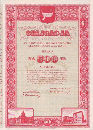 Łódź 6 % Wandeldarlehen Serie A über 500 PLN, Łódź 1934.