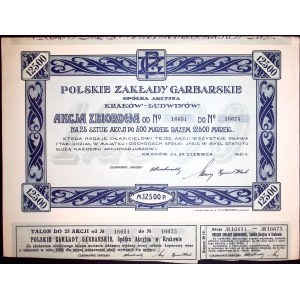 Polskie Zakłady Garbarskie Kraków Ludwinów, 25 shares at 500 per 12500 marks, 1921.