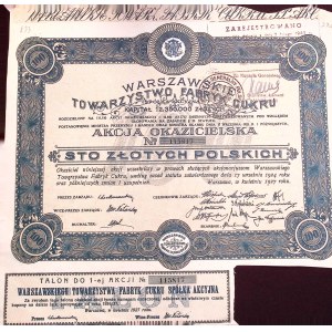 Warszawskie Tow. Fabryk Cukru, akcja na 100 zł z 1927 r.