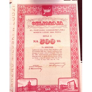 Łódź 6% Series A Conversion Loan for 500 zloty, Łódź 1934.
