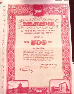 Łódź 6 % Wandeldarlehen Serie A über 500 PLN, Łódź 1934.