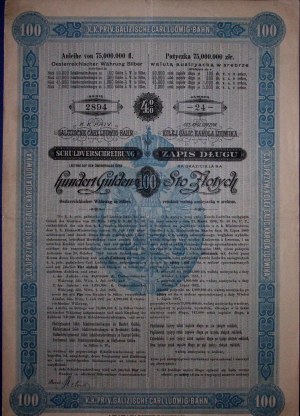 Kaiserlich-Königliche Uprz. Karol Ludwigs Galizische Eisenbahn von Krakau nach Lemberg und nach Wieliczka und Niepołomice für 100 Gulden