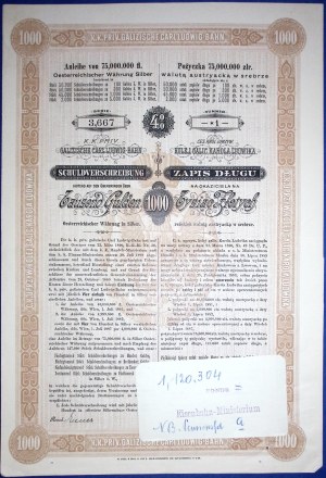 Kaiserlich-Königliche Uprz. Karol Ludwigs Galizische Eisenbahn von Krakau nach Lwow und nach Wieliczka und Niepołomice für 1000 Gulden