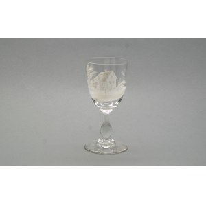Liquor glass, white enamel glass, Mary Gregory style, house and trees motif