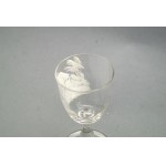 Liquor glass, white enamel glass, Mary Gregory style, house and trees motif