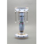 Bohemia glass candle holder with crystal pendants, milk glass, painted