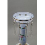 Bohemia glass candle holder with crystal pendants, milk glass, painted