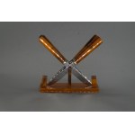 Set of 6 fruit knives with stand, stainless steel, plastic (bakelite/stylized amber), 20th c.