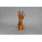 Set of 6 fruit knives with stand, stainless steel, plastic (bakelite/stylized amber), 20th c.