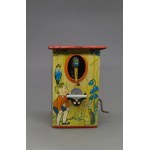 Mechanical tin piggy bank, birdhouse, Westdeutschland, circa 1950.