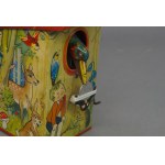 Mechanical tin piggy bank, birdhouse, Westdeutschland, circa 1950.