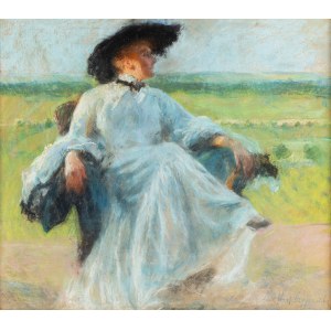Józef Czajkowski (1872 Varsovie - 1947), Portrait de sa femme dans un paysage, 1903.