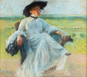 Józef Czajkowski (1872 Warschau - 1947 dort), Porträt seiner Frau vor einer Landschaft, 1903.