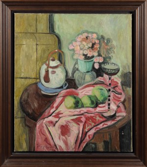 Jan HRYNKOWSKI (1891-1971), Martwa natura na różowej draperii, 1947
