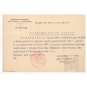 II RP Certificate of Service of a Soldier of the Polish Legions - Belinians of the 1st Lancer Regiment of the Legions