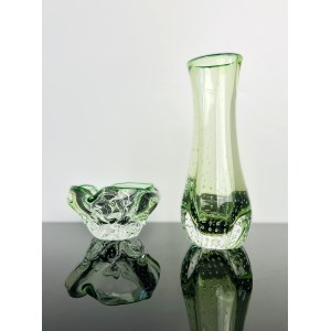 Green Art Glass Set - Vase and Ashtray with Soda Bubbles, Czechoslovakia, Mstišov Glassworks