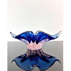 Cigar Ashtray, Chřibská Glassworks, Cobalt Blue with Rosaline Core, 27x12 cm