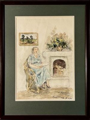 Tadeusz Cieślewski Ojciec (1870 - 1956), Córka Zofia przy kominku,1966