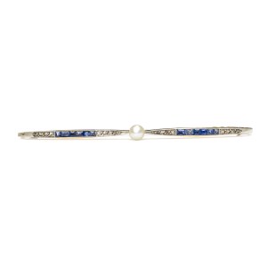 1930s. Brosche mit Perle, Saphiren und Diamanten